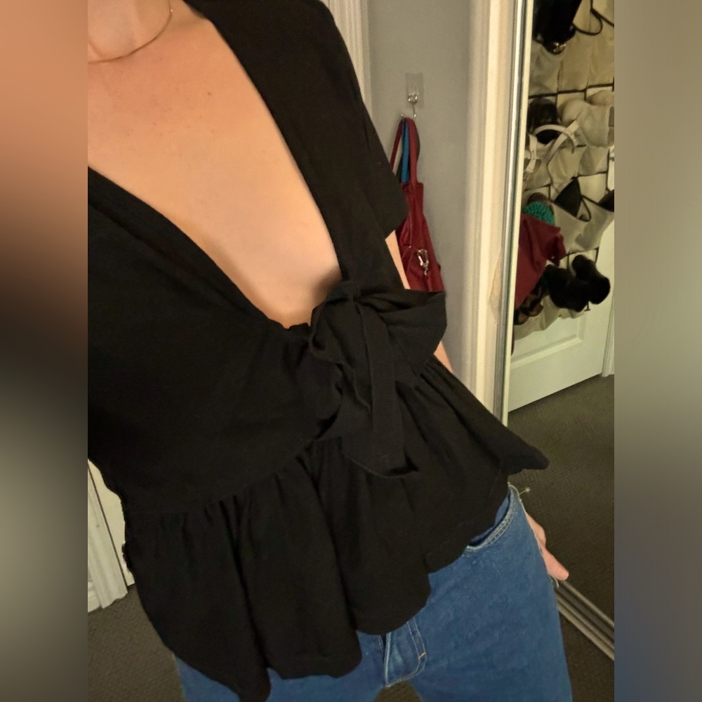 Low cut, front tie, size small blouse